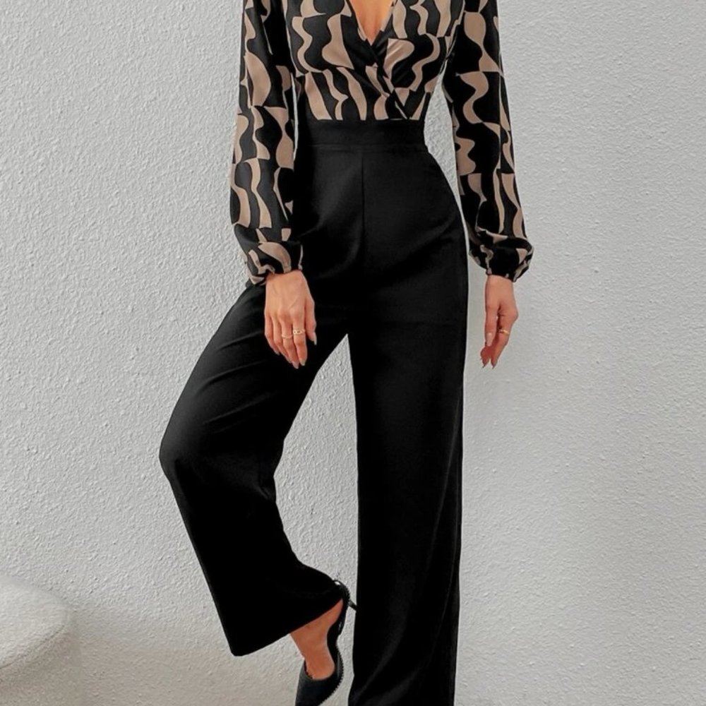 Graphic Print Surplice Neck Lantern Sleeve Wide Leg Jumpsuit